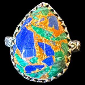 Genuine Azurite Malachite Turquoise Sterling Silver Overlay Ring Size 7
